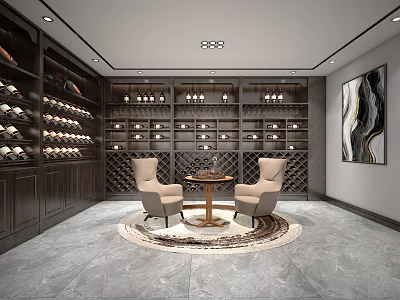 Elegant Wine Cellar Interior Design With Wine Racks Two Chairs Wooden Table And Round Rug 3d model