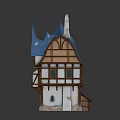 Cartoon Scenic Fairy Tale House With Blue Pointed Roof Wooden Frame Chimney Small Porch Windows