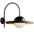 Modern Minimalist Wall Lamp With Black Metal Bracket Wooden Circular Base And White Spherical Bulb