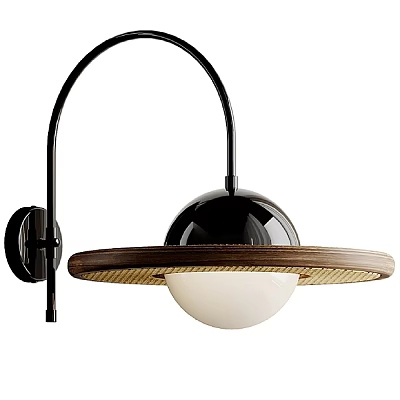 Modern Minimalist Wall Lamp With Black Metal Bracket Wooden Circular Base And White Spherical Bulb 3d model