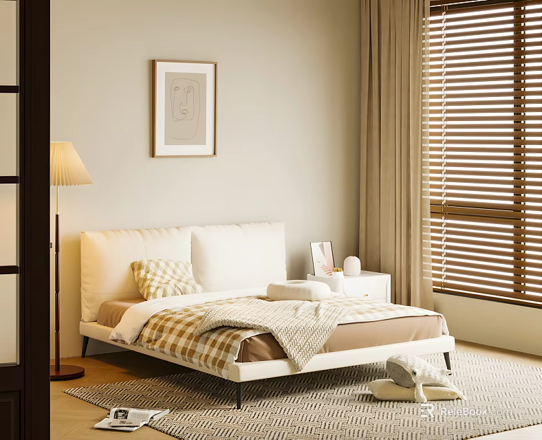 Modern Bedroom Interior With White Bed Nightstand Floor Lamp Wooden Blinds And Wall Art 3d model 
