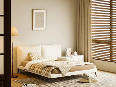 Modern Bedroom Interior With White Bed Nightstand Floor Lamp Wooden Blinds And Wall Art 3d model