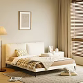 Modern Bedroom Interior With White Bed Nightstand Floor Lamp Wooden Blinds And Wall Art