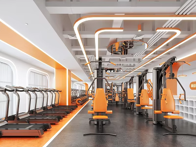 Modern Gym Interior With Orange Fitness Equipment Treadmills And Bright Training Area 3d model