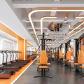 Modern Gym Interior With Orange Fitness Equipment Treadmills And Bright Training Area