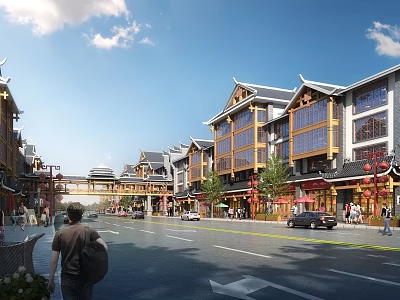 Traditional Chinese Commercial Street with Classic Architecture Pedestrians Shops and Wooden Structures 3d model