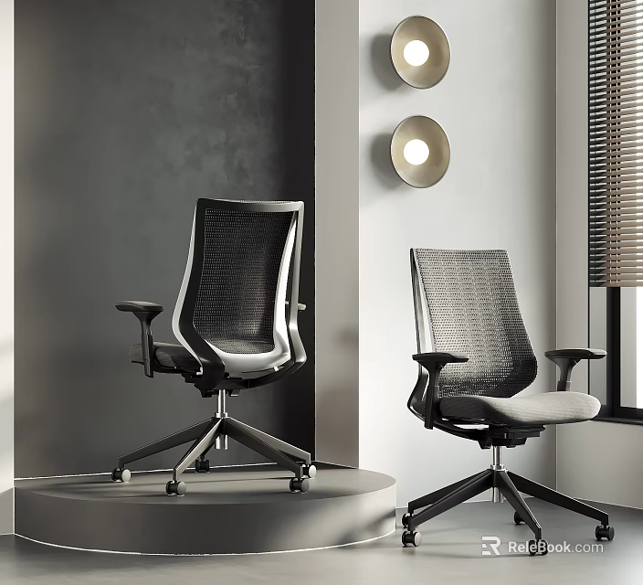 Modern Mesh Back Office Chairs In Contemporary Interior With Round Lights And Window Blinds 3d model 