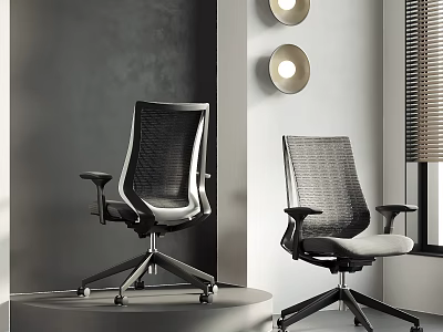 Modern Mesh Back Office Chairs In Contemporary Interior With Round Lights And Window Blinds 3d model