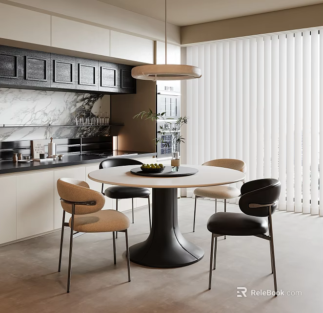 Modern Restaurant Interior With Black Cabinets White Marble Countertop Round Table And Beige Black Chairs 3d model 