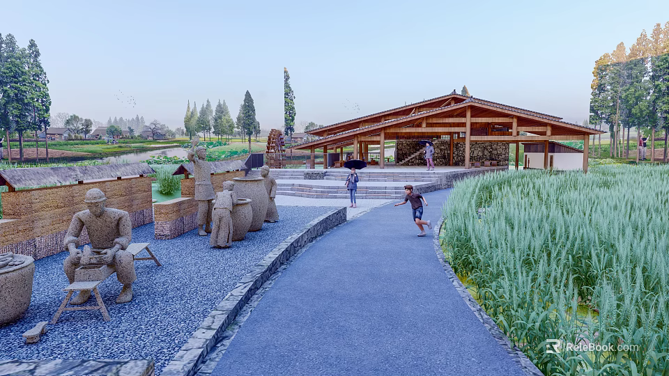 Visitor Center With Wooden Roof Sculptures Gravel Path Grass Area And People Walking 3d model 