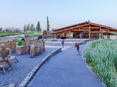 Visitor Center With Wooden Roof Sculptures Gravel Path Grass Area And People Walking 3d model