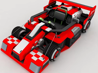 Red Streamlined Race Car With Checkered Pattern Racing Seats And Steering Wheel 3d model