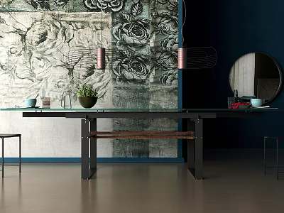 Modern Dining Table With Glass Top Metal Legs Against Floral Wallpaper And Dark Blue Walls 3d model