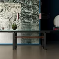 Modern Dining Table With Glass Top Metal Legs Against Floral Wallpaper And Dark Blue Walls
