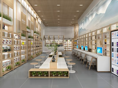Modern Reading Space With Wooden Bookshelves Long Tables Green Plants And Computers 3d model