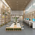 Modern Reading Space With Wooden Bookshelves Long Tables Green Plants And Computers