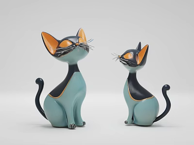 Modern Decorative Cat Sculptures With Turquoise Black Bodies And Orange Ears 3d model
