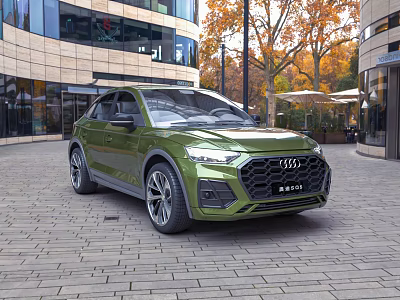 Green Audi SUV Exterior Design In Urban Setting With Modern Buildings And Trees 3d model