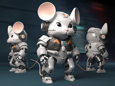 Three Futuristic Robotic Mice With Mechanical Armor And Big Ears 3d model