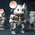 Three Futuristic Robotic Mice With Mechanical Armor And Big Ears