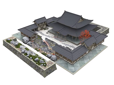 Ancient Architecture Traditional Courtyard Design With Black Tiled Roof Pond Stones And Red Tree 3d model