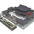 Ancient Architecture Traditional Courtyard Design With Black Tiled Roof Pond Stones And Red Tree