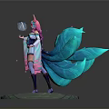 Fantasy Woman Figure with Pink Hair Blue Decorative Wings and Lotus Water Pool Base