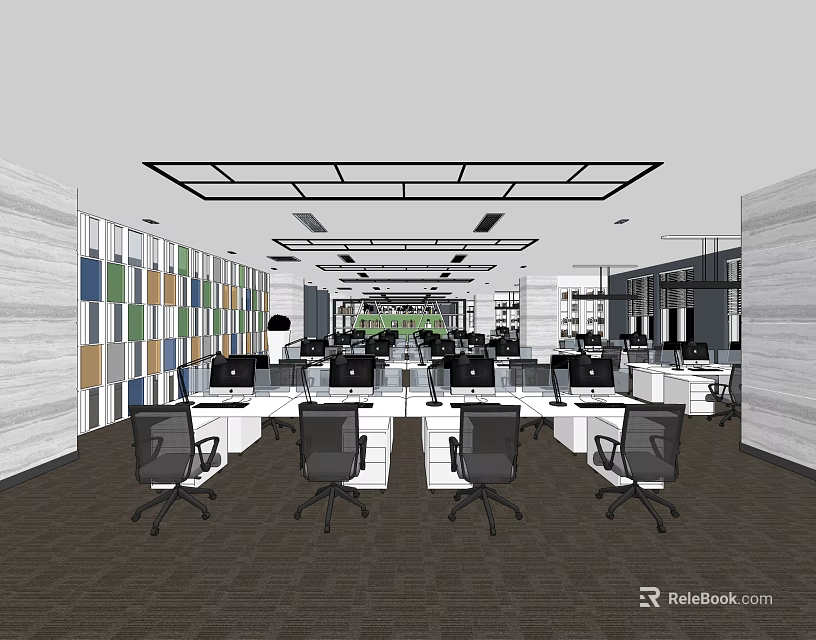 Public Office Space With Open Layout Desks Chairs And Colorful Wall Panels 3d model 