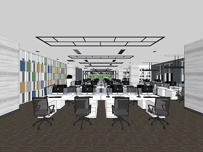 Public Office Space With Open Layout Desks Chairs And Colorful Wall Panels 3d model