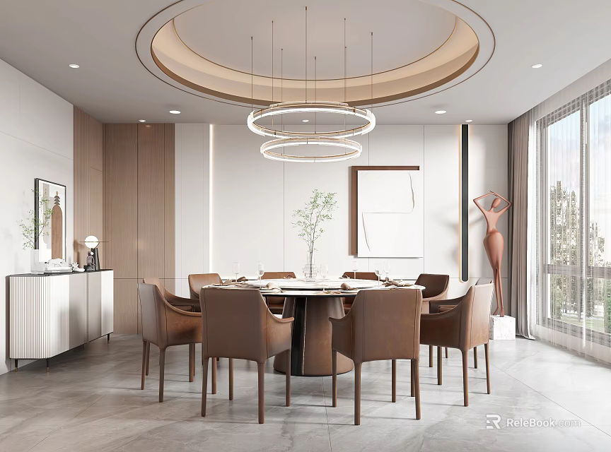 Elegant Private Dining Room With Round Marble Table Brown Chairs Hanging Lights And Window View 3d model