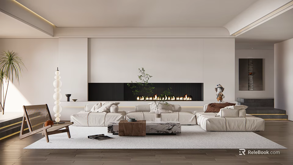 Modern Living Room Interior With White Sofa Fireplace Green Plants And Area Rug 3d model 