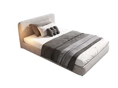 Modern Minimalist Single Bed With Gray Upholstered Headboard And Striped Bedspread 3d model
