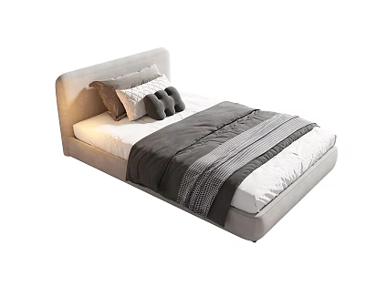 Modern Minimalist Single Bed With Gray Upholstered Headboard And Striped Bedspread 3d model