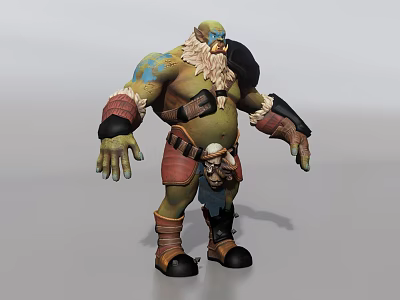 Muscular Green Skinned Bearded Man In Brown Clothing With Arm Guards Belt Boots Fantasy Style Character Design 3d model