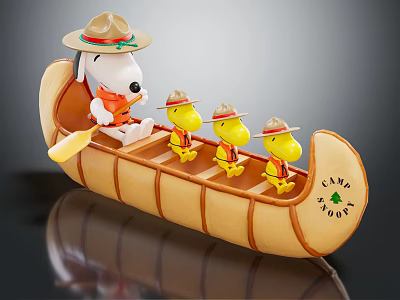 Snoopy Canoe Figurine With Yellow Birds Hats And Camp Snoopy Design 3d model
