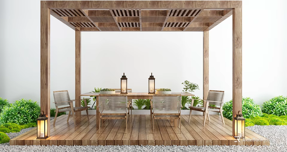 Wooden Patio With Lattice Ceiling Dining Table Chairs Lantern Lamps And Green Plants 3d model 