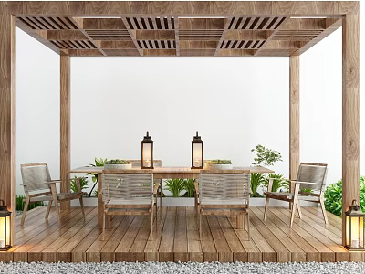 Wooden Patio With Lattice Ceiling Dining Table Chairs Lantern Lamps And Green Plants 3d model