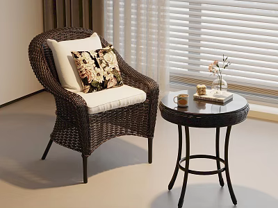 Wicker Leisure Chair with Cushioned Seat Floral Pillow and Side Table in Indoor Setting 3d model