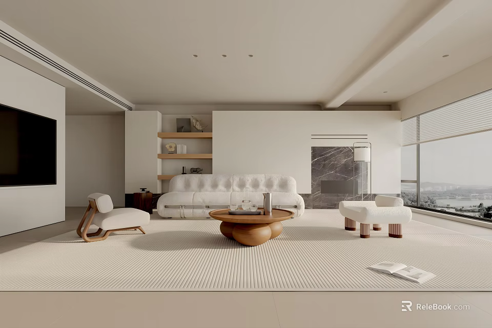 Modern Living Room Interior With White Sofa Wooden Coffee Table And Floor to Ceiling Windows 3d model 