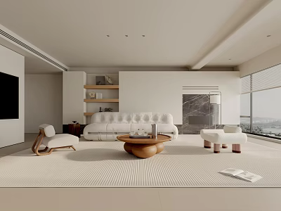 Modern Living Room Interior With White Sofa Wooden Coffee Table And Floor to Ceiling Windows 3d model