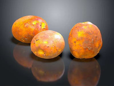 Three Fresh Orange Brown Potatoes With Speckled Surface On Black Reflective Background 3d model