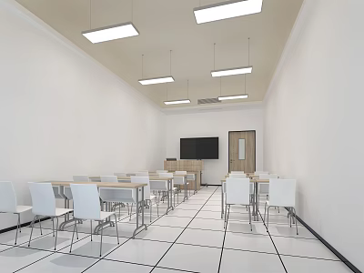 School Classroom Interior With White Desks Chairs Podium Black Screen And Ceiling Lights 3d model