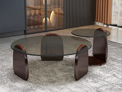 Modern Living Room Coffee Tables With Glass Tops And Curved Wooden Legs On Carpet 3d model