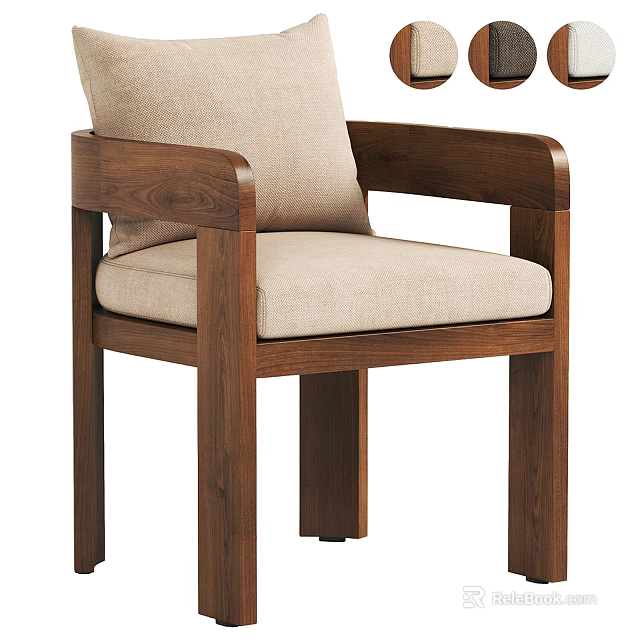 Modern Single Chair With Wooden Frame And Beige Fabric Seat Cushion 3d model 