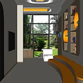 Kindergarten Corridor With Yellow Curved Benches Bookshelves Colorful Books And Large Bright Windows