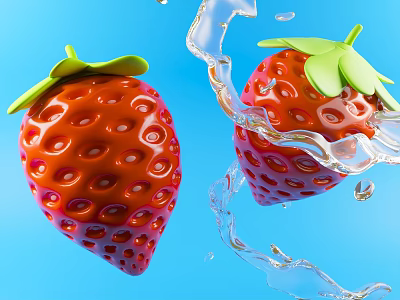 Fresh Red Strawberries with Green Leaves Splashing Water Against Blue Background 3d model
