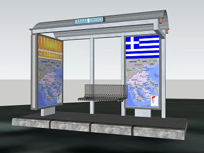 Athens Center Bus Stop With Greek Flag Map And Bench For Passengers 3d model