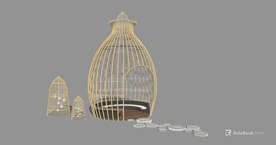 Yellow Woven Birdcage Shaped Public Chair With Cushioned Seat And Footrests 3d model 