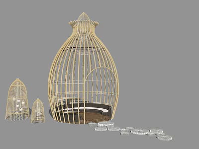 Yellow Woven Birdcage Shaped Public Chair With Cushioned Seat And Footrests 3d model