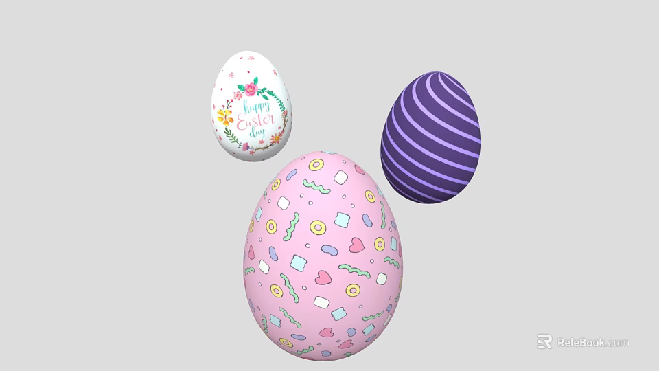 Vibrant Easter Egg Decorative Ornament Set Featuring Floral Striped And Candy Heart Designs 3d model 
